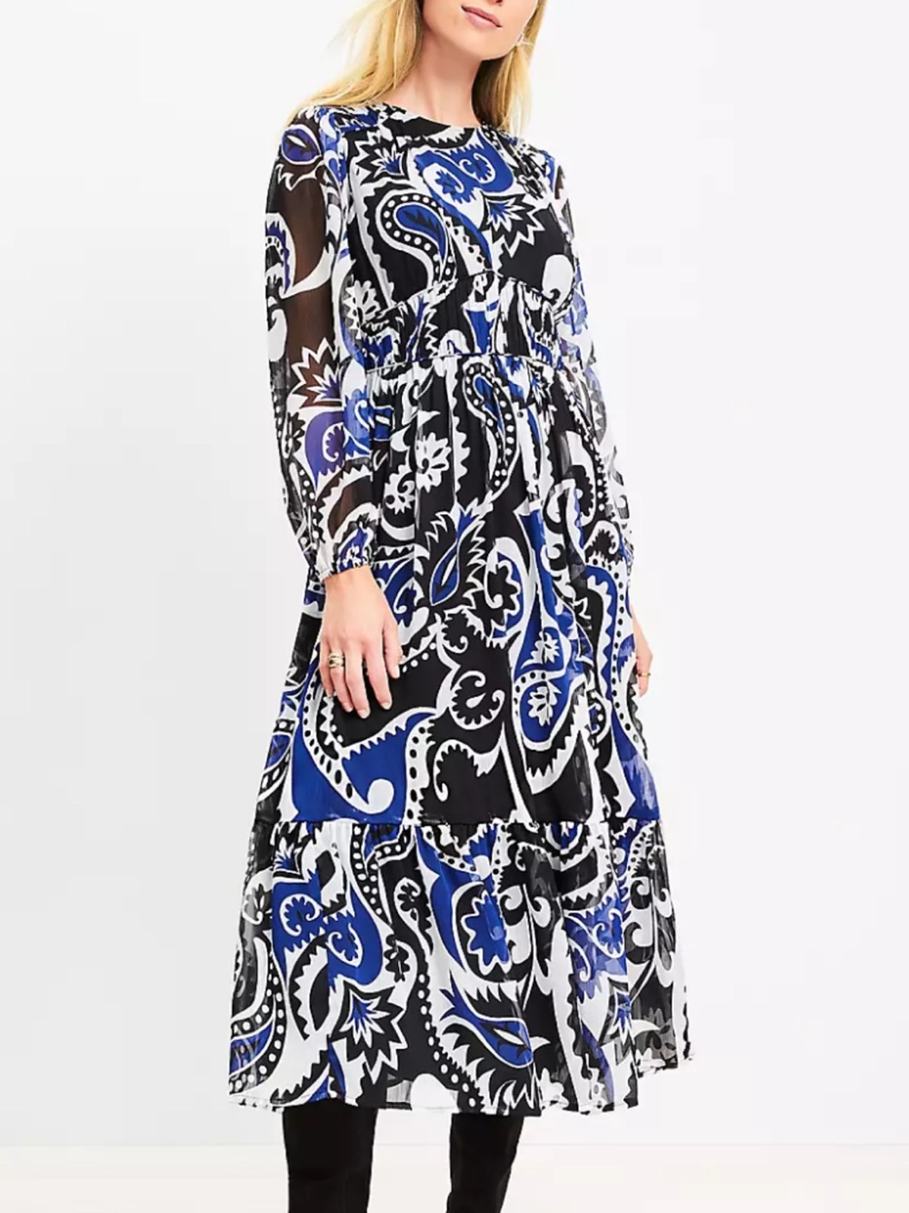 LOFT Paisley Shirred Flounced Midi Dress, Comfortable Feminine Dress Size 6 - Picture 1 of 10